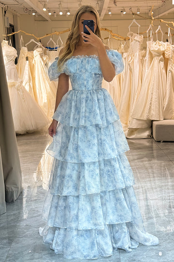 Off the Shoulder Tiered Blue Printed A Line Corset Prom Dress